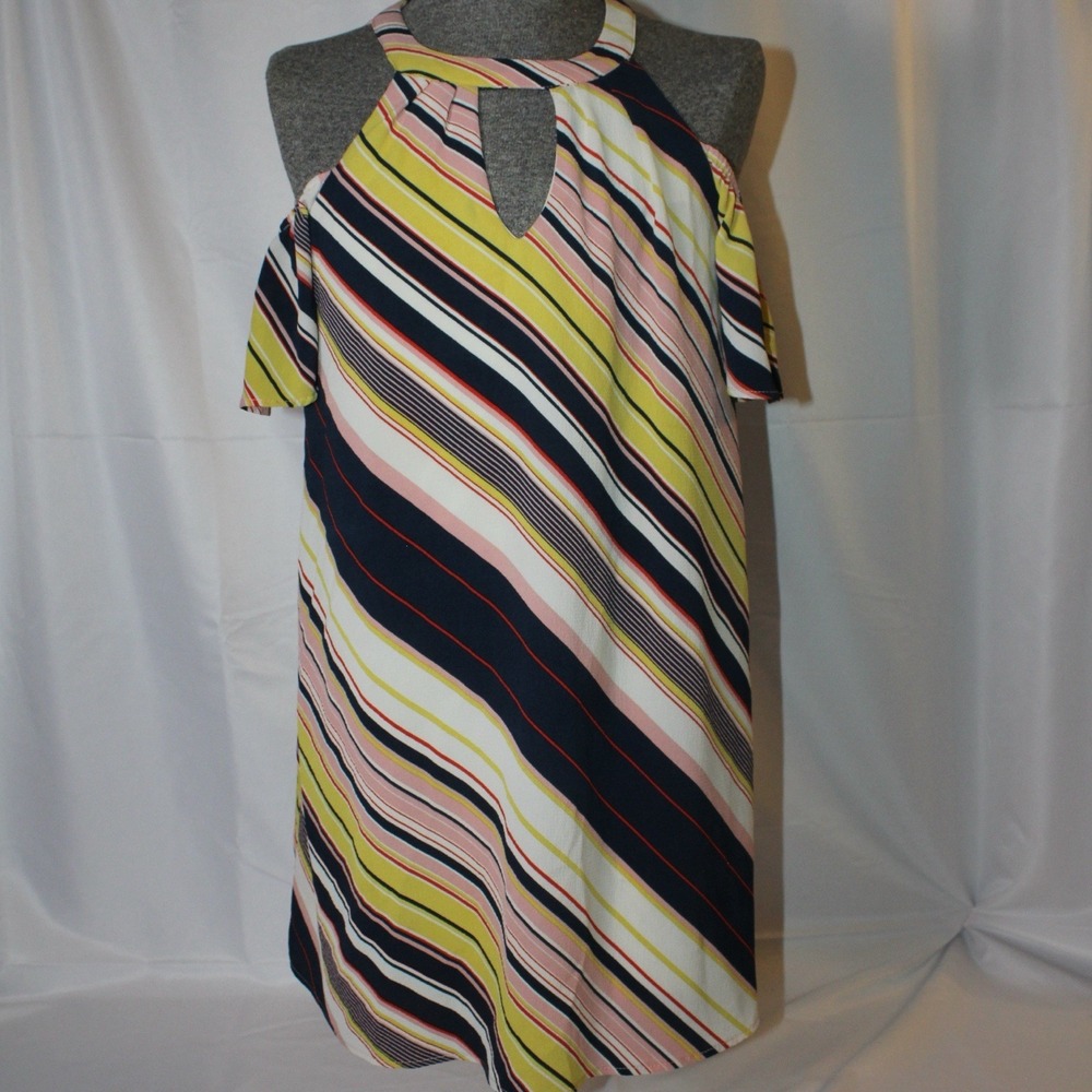 Lily Rose Women Small Yellow Pink Black Stripe Cold Shoulder Keyhole Lined Tunic
